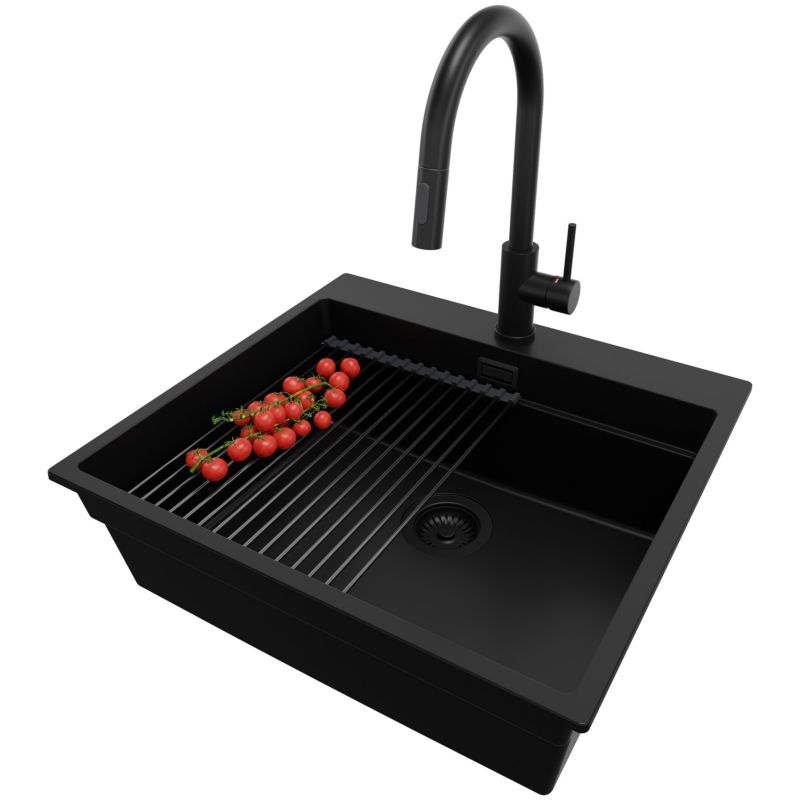 Zlewozmywak Granitowy Oslo Max PRIMAGRAN Nablatowy 58x53cm, Cały Czarny + Bateria + Syfon + Akcesorium, S175, 1 szt.