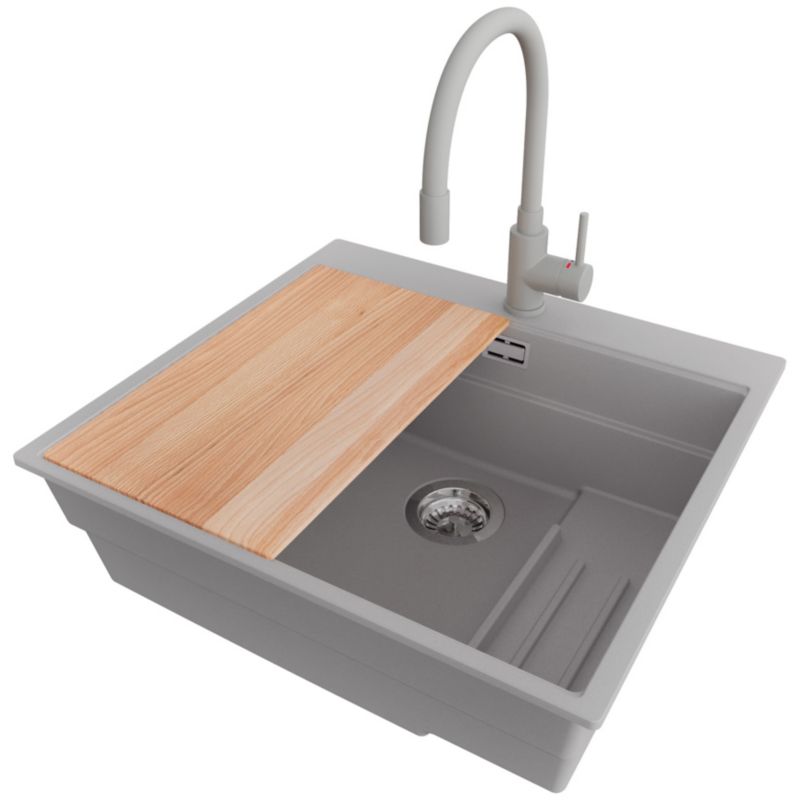 Zlewozmywak Granitowy Oslo Max PRIMAGRAN Nablatowy 58x53cm do szafki od 60cm, Szary + Bateria + Syfon + Akcesoria, S051, 1 szt.