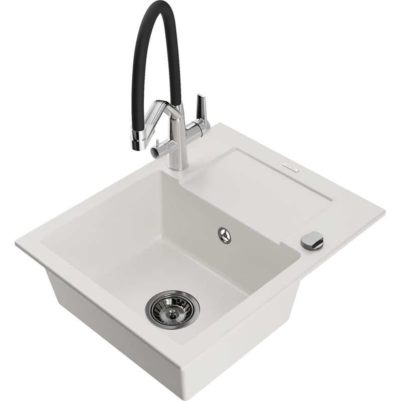 Zlewozmywak granitowy 1-komorowy Mexen Enzo z ociekaczem i baterią kuchenną Duo biały 6506-20-671701-07-B