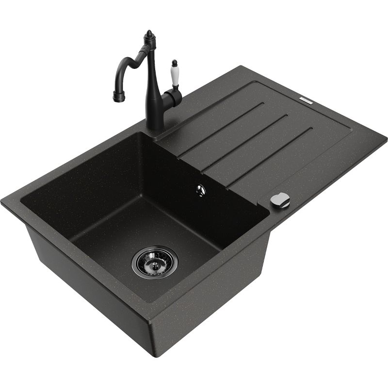 Zlewozmywak granitowy 1-komorowy Mexen Bruno z ociekaczem i baterią kuchenną Carla czarny/złoty metalik 6513-75-670700-70-B