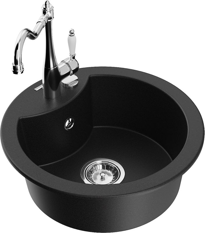 Zlewozmywak granitowy Mexen Diego 1-komorowy z baterią kuchenną Carla czarny 6512-77-670700-00