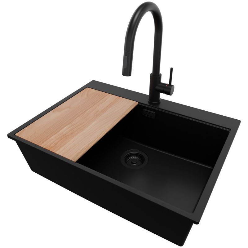 Zlewozmywak Granitowy Oslo PRIMAGRAN Nablatowy 68x50cm do szafki od 70cm, Cały Czarny + Bateria + Syfon + Deska, S508, 1 szt.