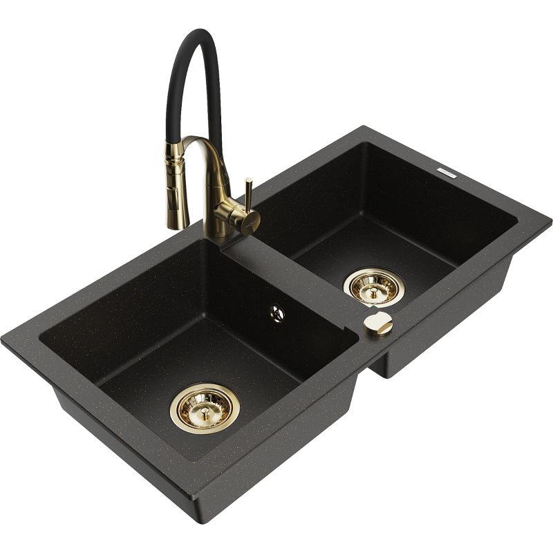 Zlewozmywak granitowy 2-komorowy Mexen Mario z baterią kuchenną Aster czarny/złoty metalik 6504-75-73450-57-G