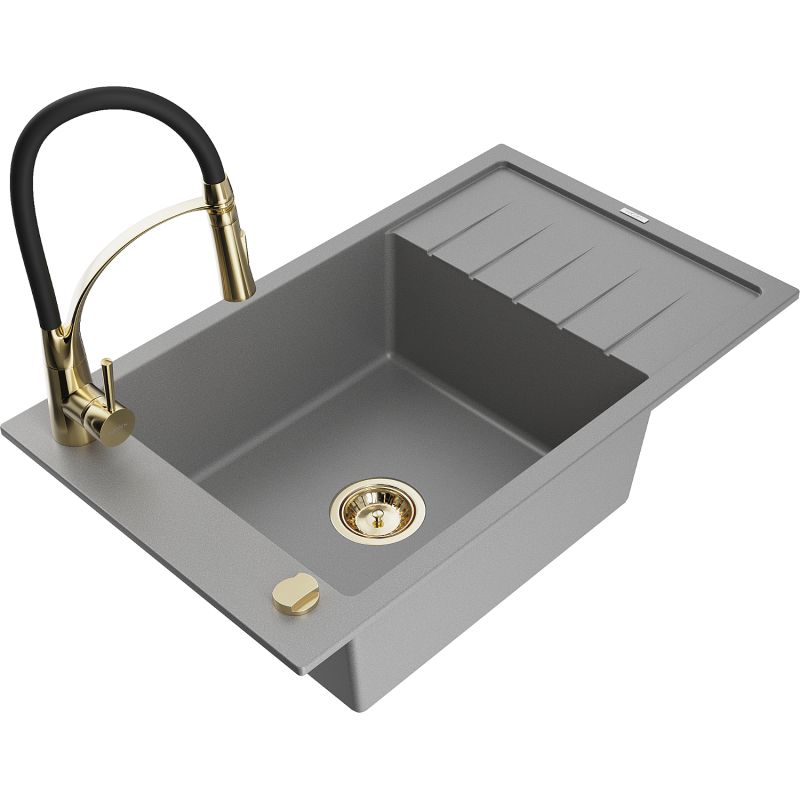 Zlewozmywak granitowy 1-komorowy Mexen Elias z ociekaczem i baterią kuchenną Aster szary 6511-71-73450-57-G