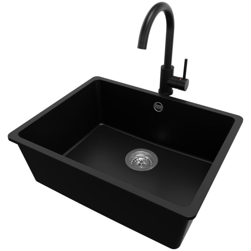 Zlewozmywak Granitowy Wenecja Slim Easy PRIMAGRAN Nablatowy 56x44cm do szafki od 60cm, Czarny + Bateria + Syfon, S071, 1 szt.