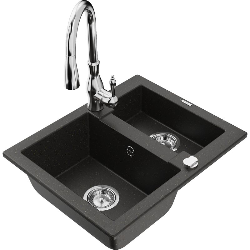 Zlewozmywak granitowy 1.5-komorowy Mexen Carlos z baterią kuchenną Savita czarny/złoty metalik - 6518-75-672601-70-B 1 szt.