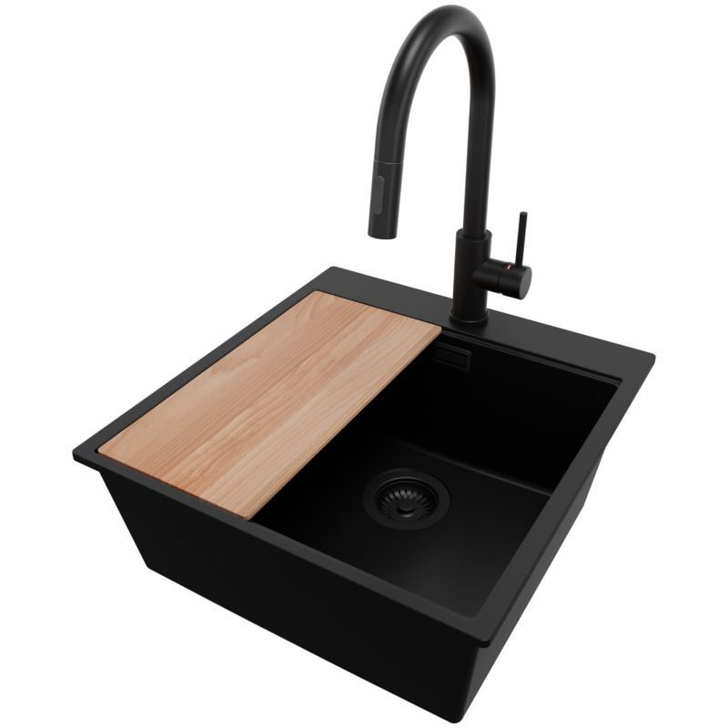 Zlewozmywak Granitowy Oslo PRIMAGRAN Nablatowy 48x50cm do szafki od 50cm, Cały Czarny + Bateria + Syfon + Deska, S312, 1 szt.