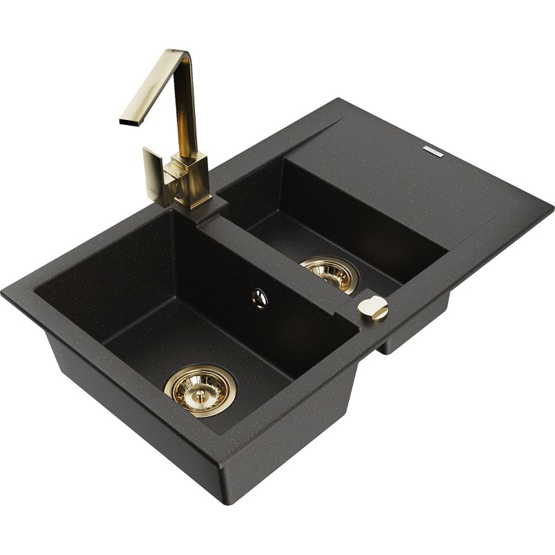 Zlewozmywak granitowy 1.5-komorowy Mexen Gaspar z ociekaczem i baterią kuchenną Rita czarny/złoty 6507-75-670300-50