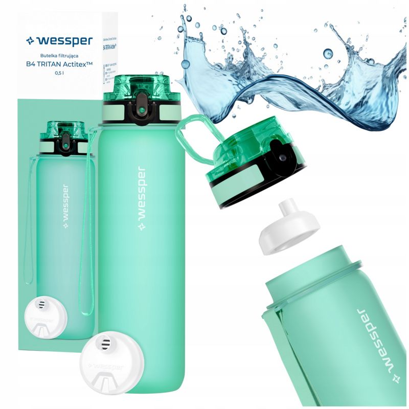 Butelka na wodę, Wessper, filtrująca, tritanowa, bidon, z filtrem wody, bez BPA, 500ml, B4 TRITAN Actitex, miętowa, 2szt