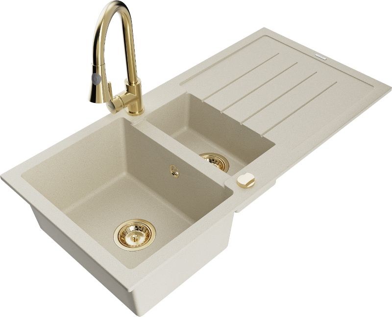 Zlewozmywak granitowy Mexen Andres 1,5-komorowy z ociekaczem i baterią kuchenną Elia beżowy 6515-69-670101-50