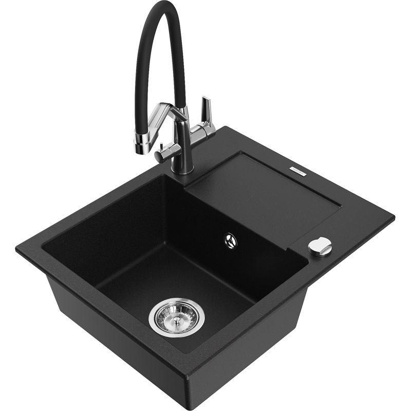 Zlewozmywak granitowy 1-komorowy Mexen Enzo z ociekaczem i baterią kuchenną Duo czarny nakrapiany - 6506-76-671701-70-B 1 szt.