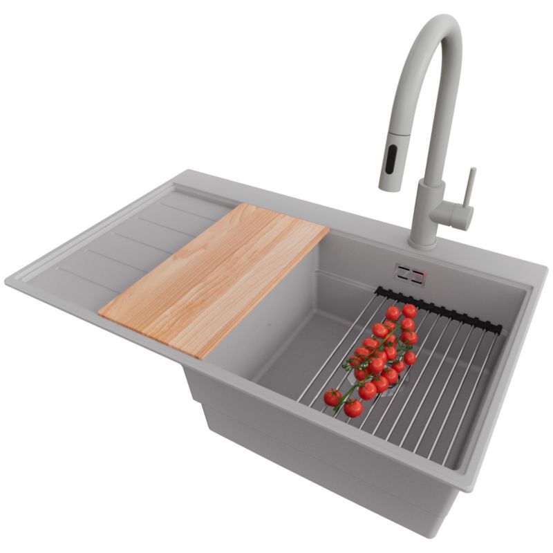 Zlewozmywak Granitowy Sydney PRIMAGRAN Nablatowy 78x50cm do szafki od 45cm, Szary + Bateria + Syfon + Akcesoria, S229, 1 szt.