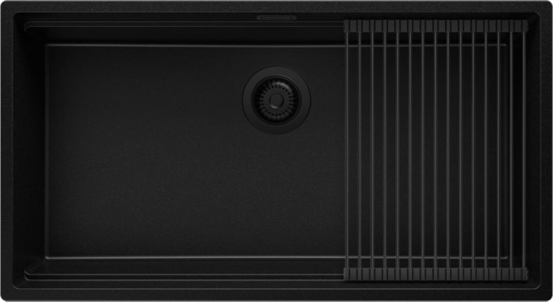 Zlewozmywak Praga Slim PRIMAGRAN Nablatowy 86x47cm do szafki od 90cm, Cały Czarny + Syfon + Zwijany ociekacz, S687, 1 szt.