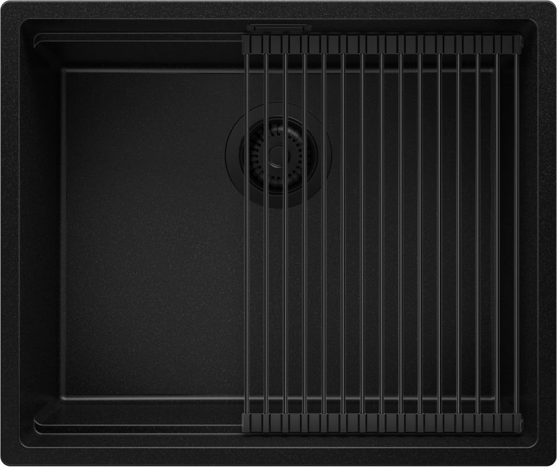 Zlewozmywak Praga Slim PRIMAGRAN Nablatowy 56x47cm do szafki od 60cm, Cały Czarny + Syfon + Zwijany ociekacz, S297, 1 szt.