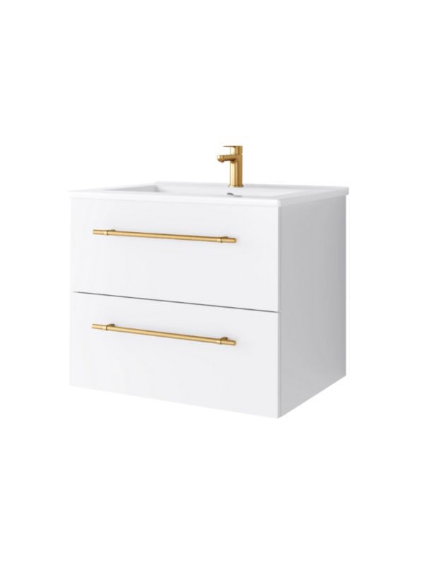 Zestaw szafka łazienkowa z umywalką ceramiczną Uptrend NAVA 60, 0D2S Biały Mat - uchwyt złoto 1 kpl.