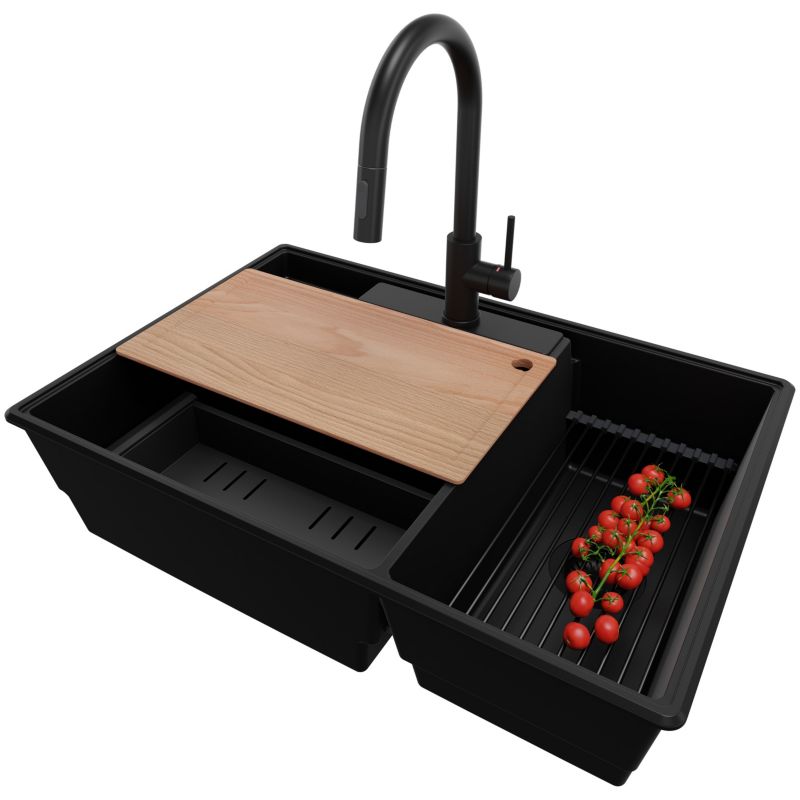 Zlewozmywak Granitowy Paryż PRIMAGRAN Nablatowy 78x53cm, Cały Czarny + Bateria + Syfon + Akcesorium, S055, 1 szt.