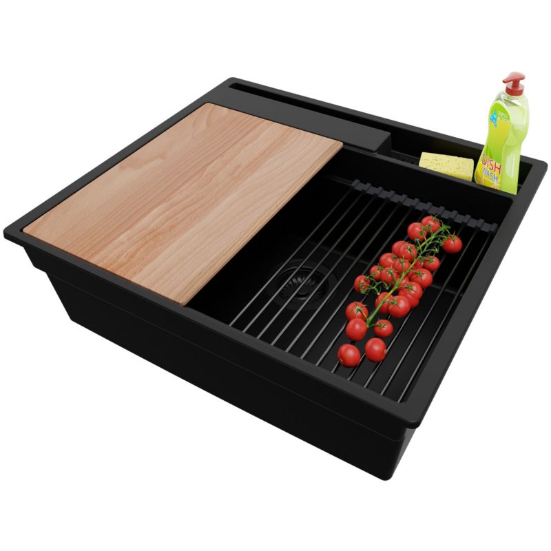 Zlewozmywak Oslo Pocket PRIMAGRAN Nablatowy 58x53cm do szafki od 60cm, Cały Czarny + Syfon + Akcesoria, S293, 1 szt.