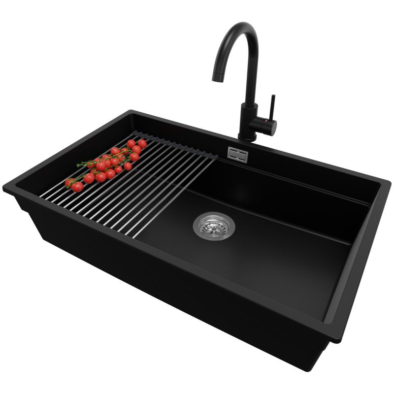 Zlewozmywak Granitowy Praga Slim PRIMAGRAN Nablatowy 76x47cm, Czarny + Bateria + Syfon + Akcesorium, S535, 1 szt.