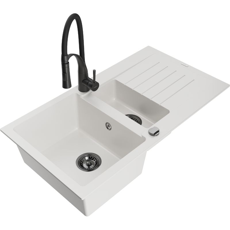 Zlewozmywak granitowy 1.5-komorowy Mexen Matias z ociekaczem i baterią kuchenną Aster czarny - 6502-77-73450-07-B 1 szt.