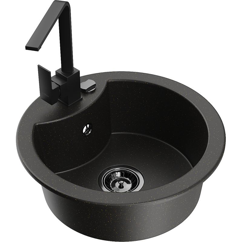 Zlewozmywak granitowy 1-komorowy Mexen Diego z baterią kuchenną Rita czarny/złoty metalik - 6512-75-670300-50-B 1 szt.