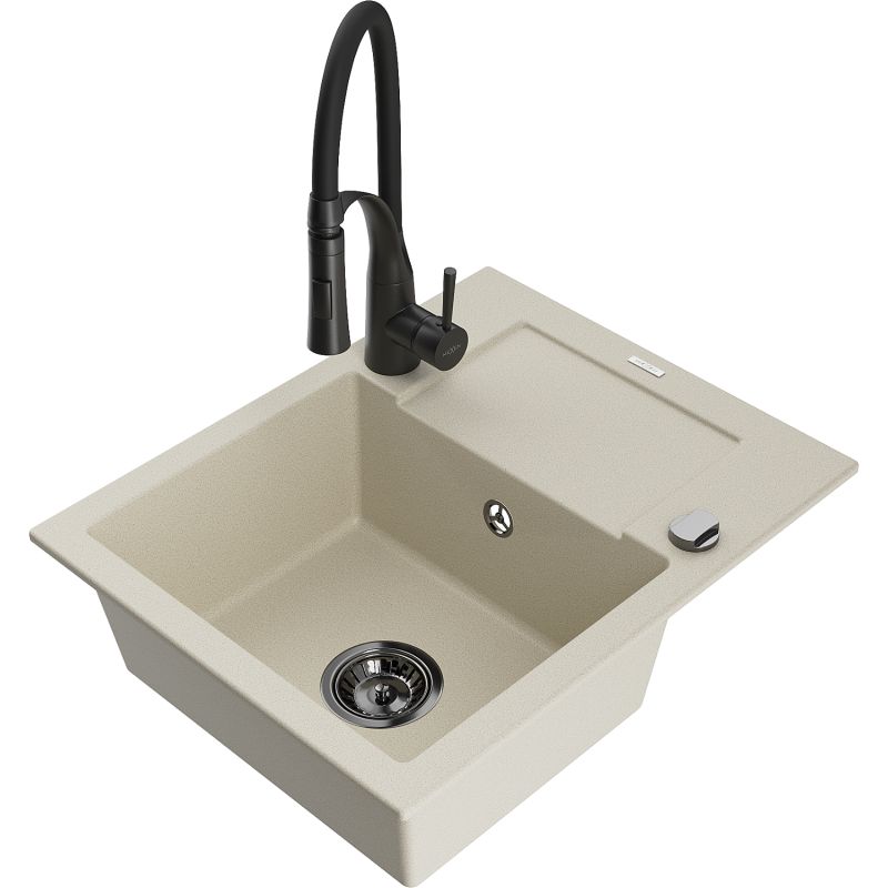 Zlewozmywak granitowy 1-komorowy Mexen Enzo z ociekaczem i baterią kuchenną Aster beżowy - 6506-69-73450-07 1 szt.