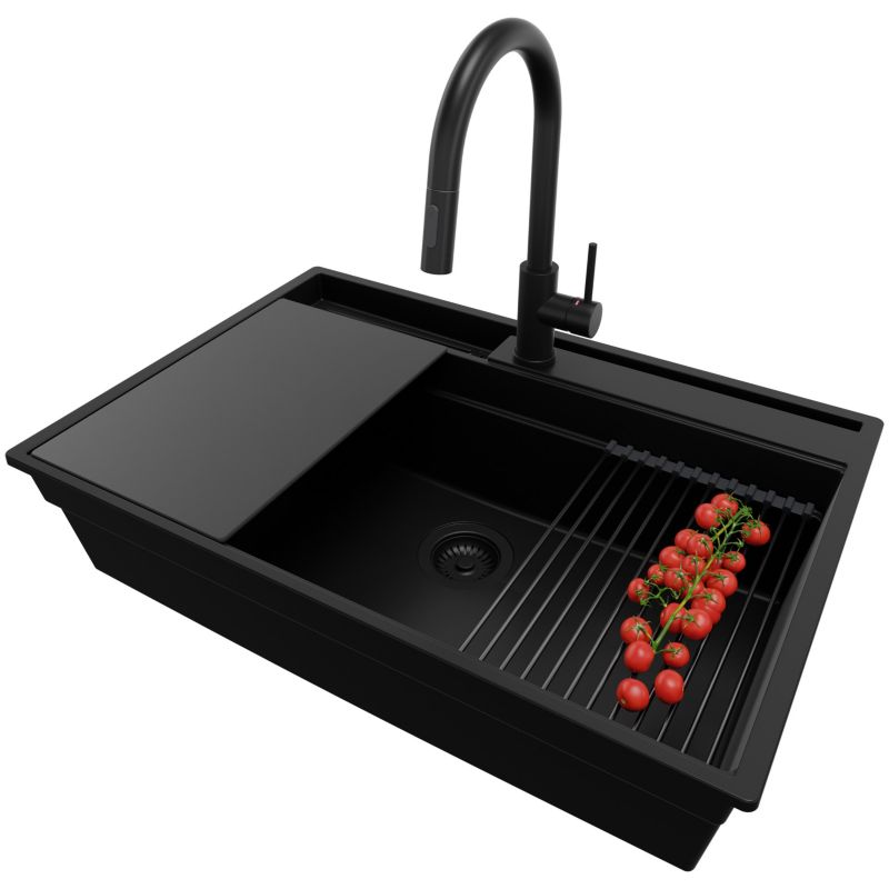 Zlewozmywak Granitowy Oslo Pocket PRIMAGRAN Nablatowy 78x53cm, Cały Czarny + Bateria + Syfon + Akcesorium, S419, 1 szt.