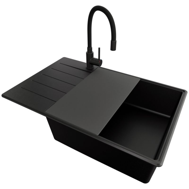 Zlewozmywak Granitowy Kopenhaga PRIMAGRAN Nablatowy 78x50cm, Cały Czarny + Bateria + Syfon + Akcesorium, S658, 1 szt.