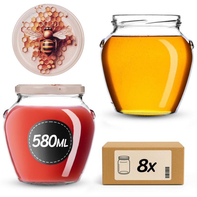 Słoiki na przetwory KADAX 580ml + wieczka "Pszczoła z plastrem" 82mm 8szt.