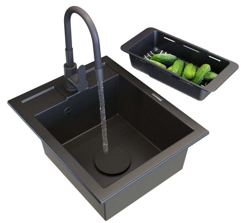 Zlewozmywak Granitowy Granitan Best Czarny Zestaw Bateria Kuchenna Koszyk Zaślepka 1 szt