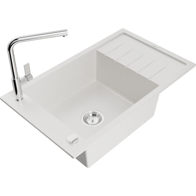 Zlewozmywak granitowy 1-komorowy Mexen Elias z ociekaczem i baterią kuchenną Flora biały 6511-20-670401-00