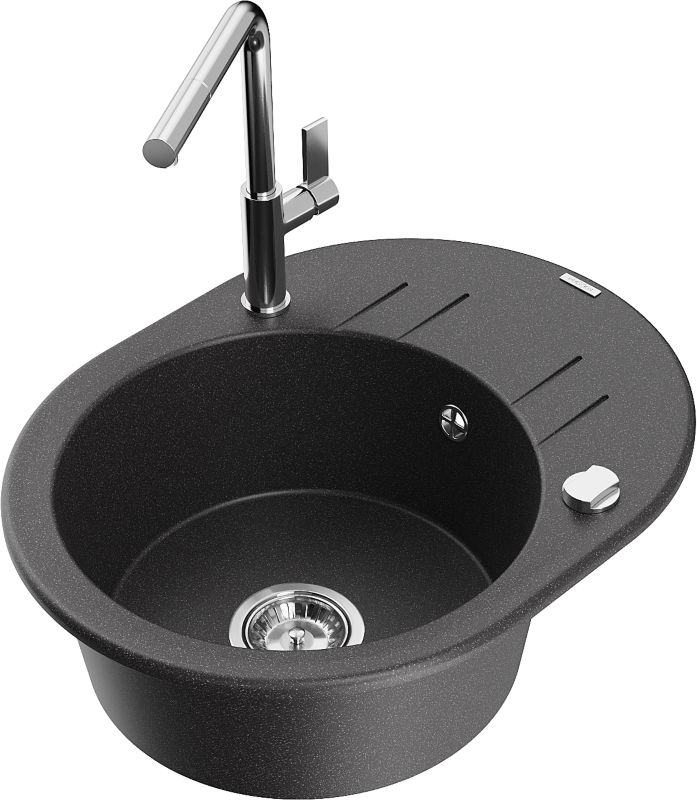 Zlewozmywak granitowy Mexen Kevin 1-komorowy z ociekaczem i baterią kuchenną Flora czarny 6517-76-670401-00