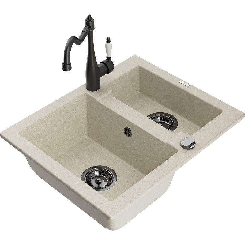 Zlewozmywak granitowy 1.5-komorowy Mexen Carlos z baterią kuchenną Carla biały - 6518-20-670700-70 1 szt.