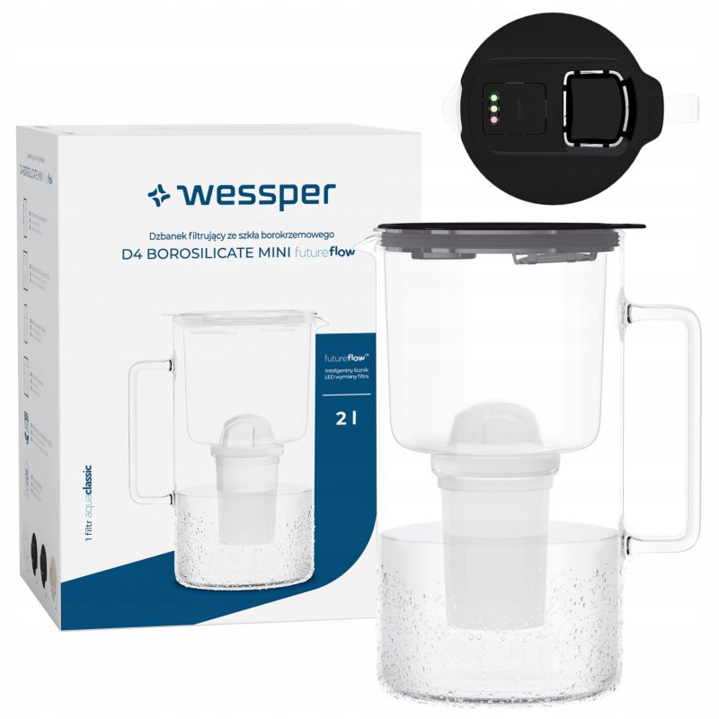 Dzbanek filtrujący wodę, Wessper D4 BOROSILICATE, szklany, z licznikiem LED, 2 l, BPA Free, zestaw z 1 filtrem wody, czarny, 2szt