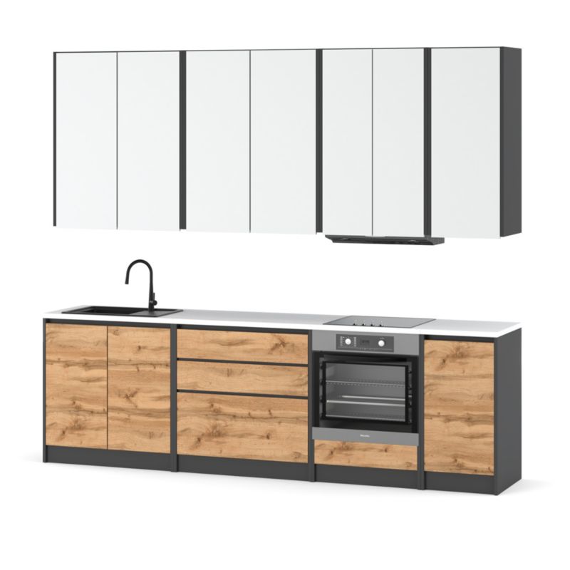 Zestaw Kuchenny Hurtownia-Mebli Z Blatem Kuchnia Bella Piekarnik 260cm Szary Mat Biały Mat/Dąb Wotan 260x47x185 cm 1szt.