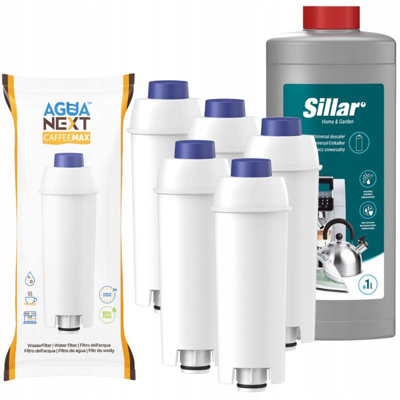 Odkamieniacz, Sillar, do ekspresów, AGD, 1l + 5x filtr wody, zamiennik do ekspresu Delonghi, AquaNext, zestaw 6szt