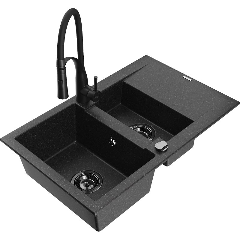 Zlewozmywak granitowy 1.5-komorowy Mexen Gaspar z ociekaczem i baterią Aster czarny/srebrny metalik - 6507-73-73450-07 1 szt.