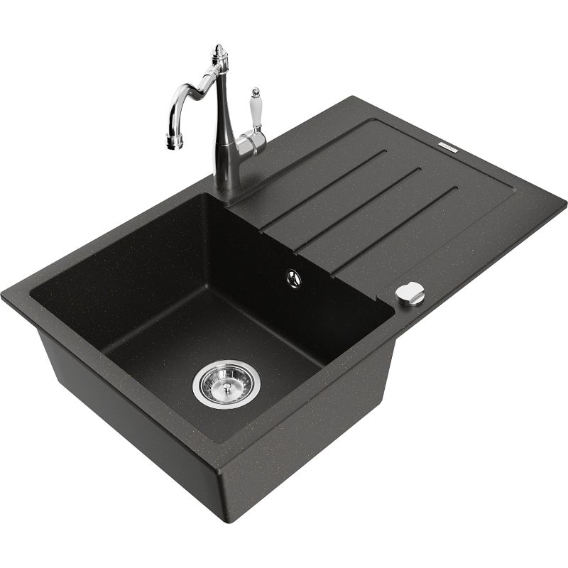 Zlewozmywak granitowy 1-komorowy Mexen Bruno z ociekaczem i baterią kuchenną Carla czarny/złoty metalik 6513-75-670700-00