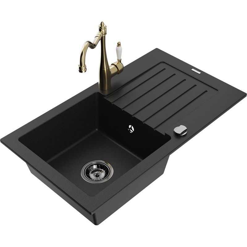 Zlewozmywak granitowy 1-komorowy Mexen Pablo z ociekaczem i baterią kuchenną Carla czarny 6510-77-670700-50-B