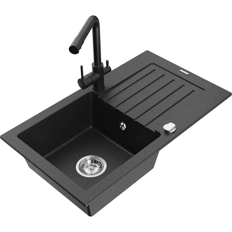 Zlewozmywak granitowy 1-komorowy Mexen Pablo z ociekaczem i baterią kuchenną Duero czarny/srebrny metalik 6510-73-671600-70