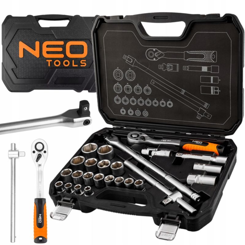 Klucze nasadowe NEO TOOLS 1/2" pokrętło przegubowe zestaw do kół grzechotka 25 szt 1 kpl