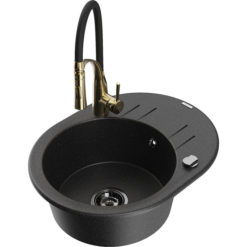 Zlewozmywak granitowy 1-komorowy Mexen Kevin z ociekaczem i baterią Aster czarny/srebrny metalik - 6517-73-73450-07-B 1 szt.