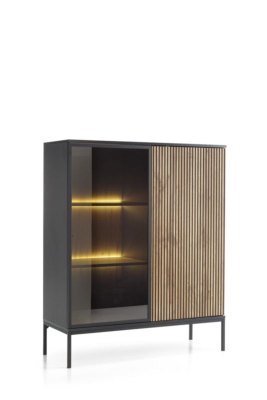 Witryna dwudrzwiowa Bettso Sentino 104 cm niska ryflowana z oświetleniem LED czarny grafit dąb wotan 1szt.