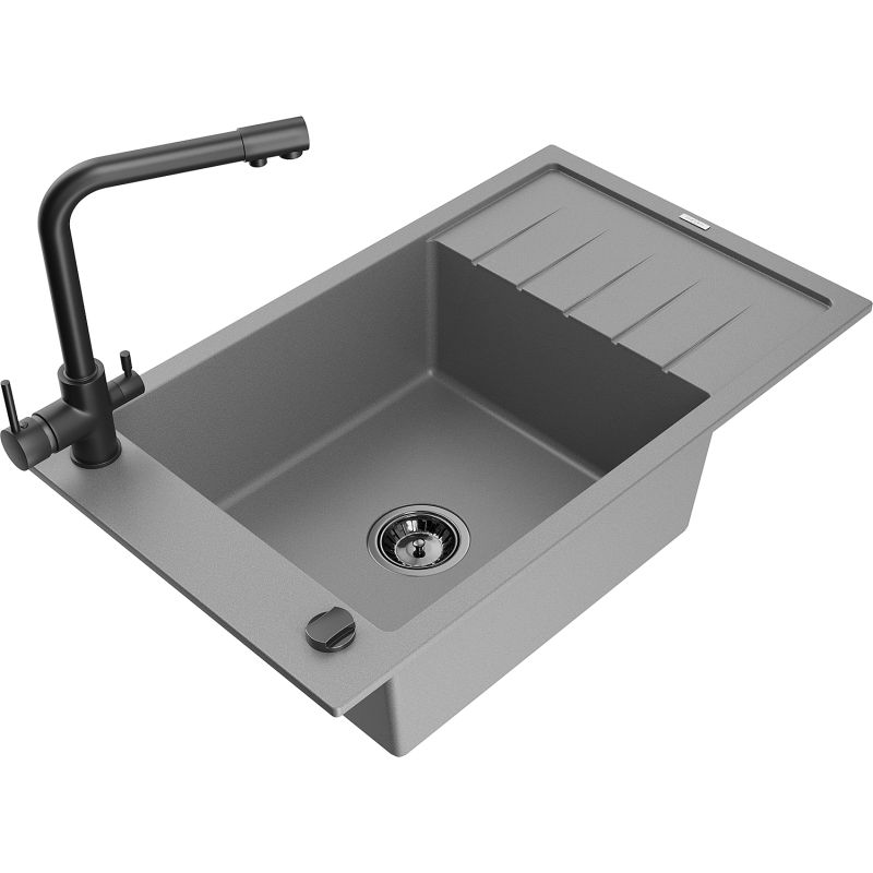 Zlewozmywak granitowy 1-komorowy Mexen Elias z ociekaczem i baterią kuchenną Duero szary 6511-71-671600-70-B
