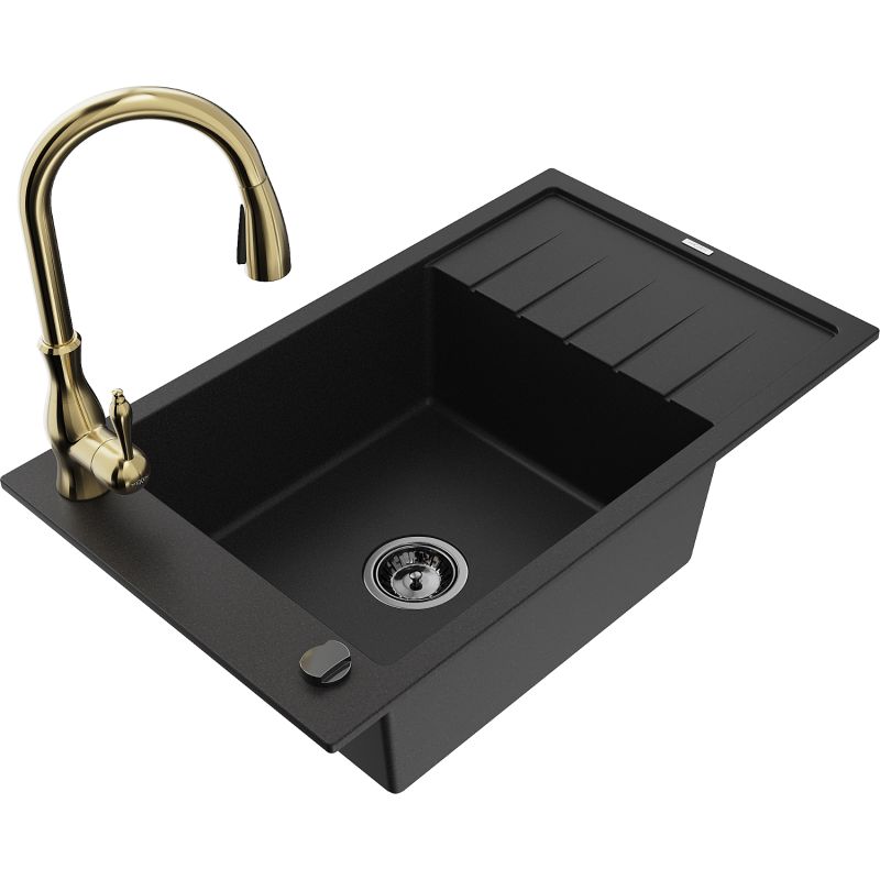 Zlewozmywak granitowy 1-komorowy Mexen Elias z ociekaczem i baterią kuchenną Savita czarny 6511-77-672601-50-B