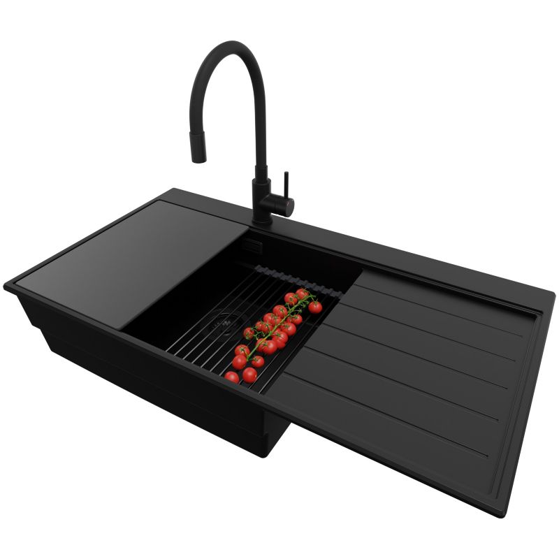 Zlewozmywak Granitowy Sydney PRIMAGRAN Nablatowy 90x50cm, Cały Czarny + Bateria + Syfon + Akcesorium, S480, 1 szt.