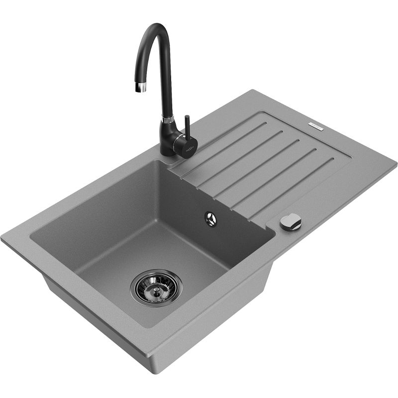 Zlewozmywak granitowy 1-komorowy Mexen Pablo z ociekaczem i baterią kuchenną Telma szary 6510-71-670200-70-B