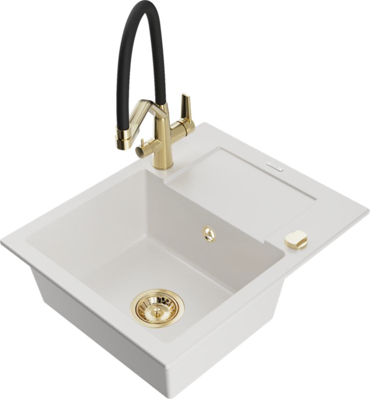 Zlewozmywak granitowy Mexen Enzo 1-komorowy z ociekaczem i baterią kuchenną Duo biały 6506-20-671701-57-G