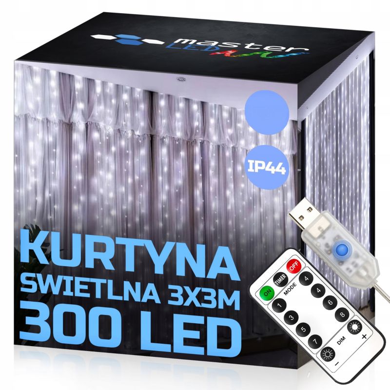 Kurtyna świetlna LED MasterLED 300 diod 3x3m zimna biel USB z pilotem 8 trybów girlanda lampki choinkowe 1 szt.