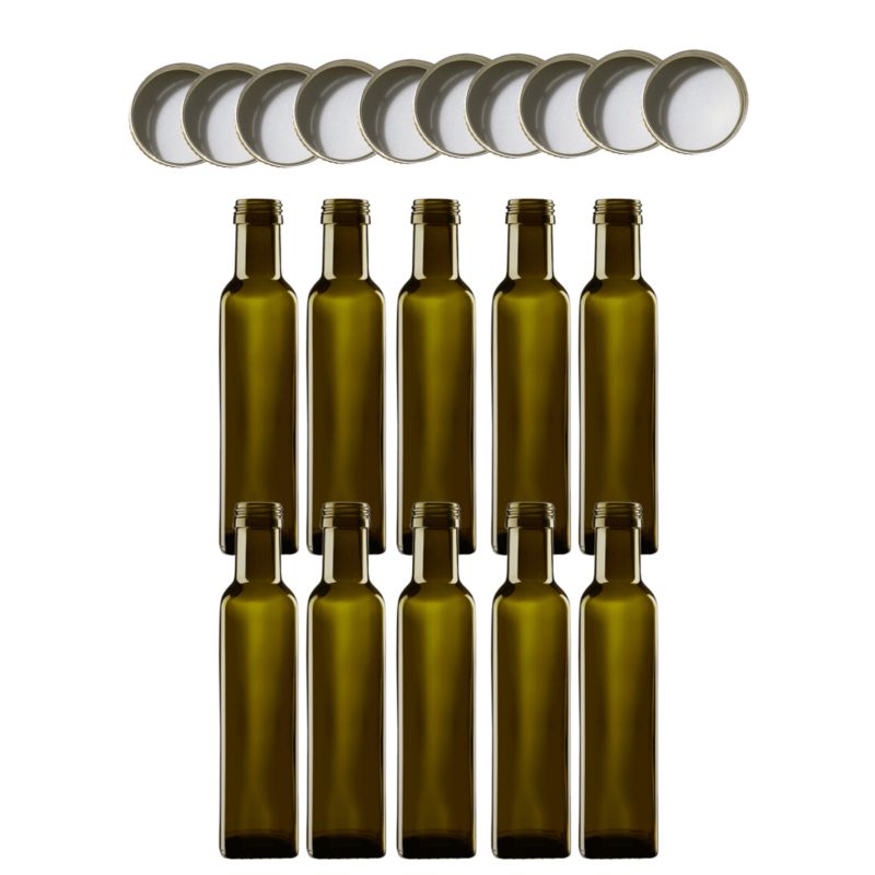 Butelki szklane MODO24 250 ml maraska kwadratowa zielona na olej i oliwę fi 31 z nakrętkami 10 szt.