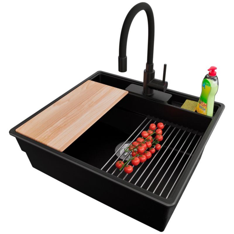 Zlewozmywak Granitowy Nowy Jork PRIMAGRAN Nablatowy 58x53cm do szafki od 60cm, Czarny + Bateria + Syfon + Akcesoria, S049, 1 szt.